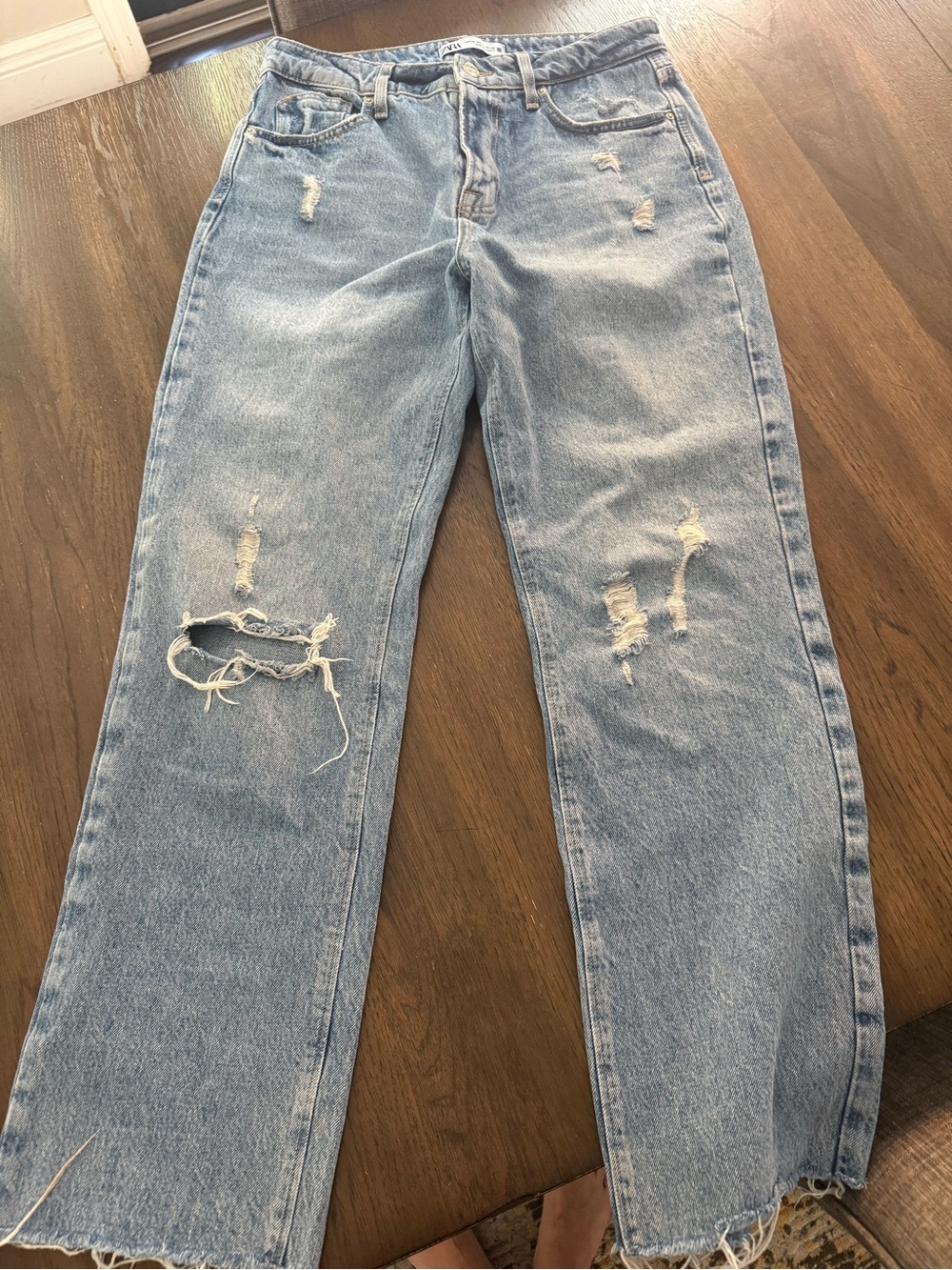 Zara Light Wash Distressed Straight Leg Jeans SIZE 38